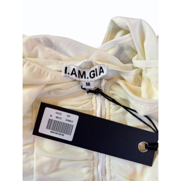 I Am Gia Womens Diego White Mesh Bodycon Top Size M Ruched Zipper‎ Cold Shoulder - Picture 8 of 8